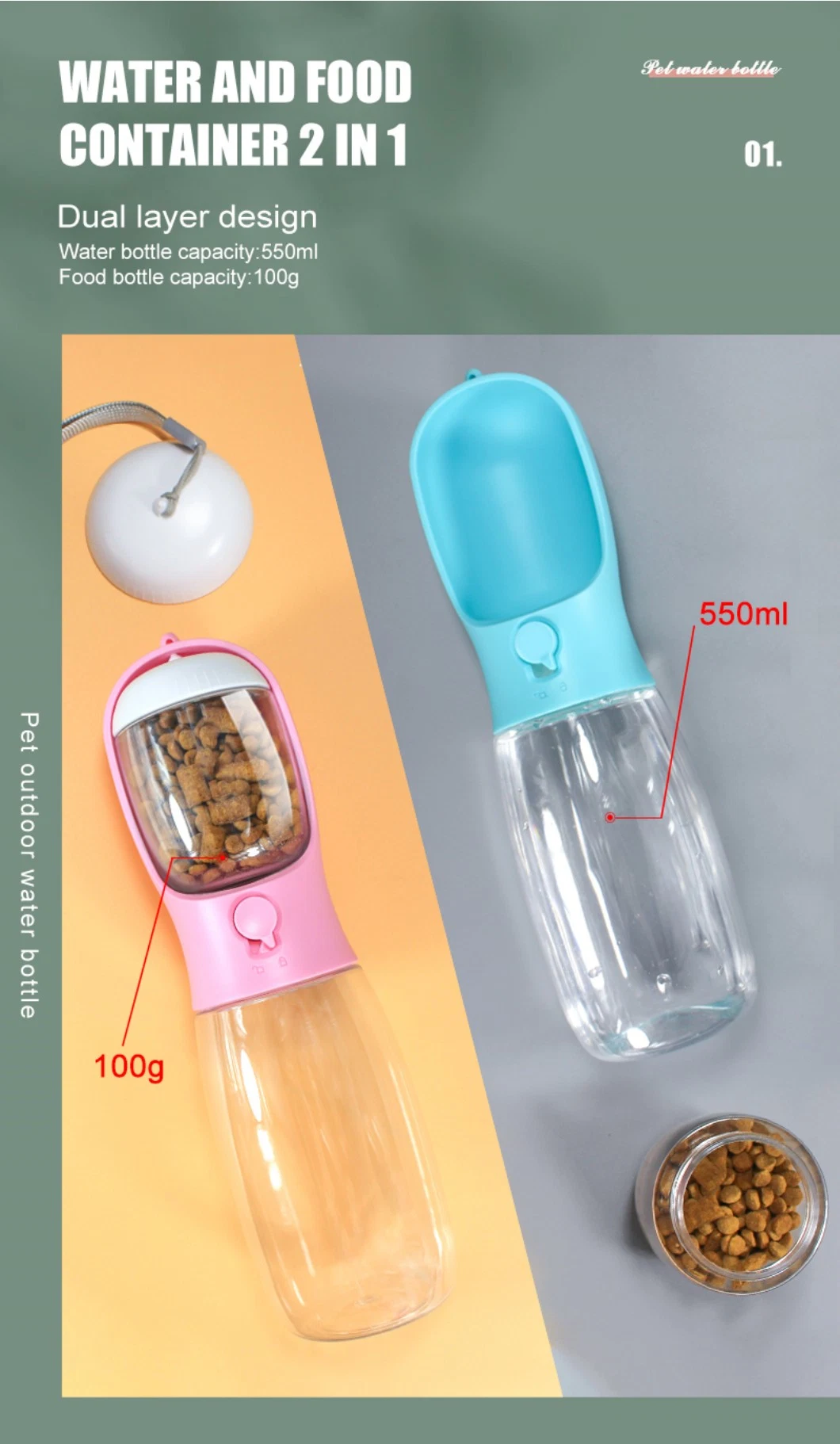 500ml Pet New Product Two-in-One Water and Food Cup